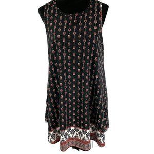 Black Print Sleeveless Trapeze Dress with Pockets